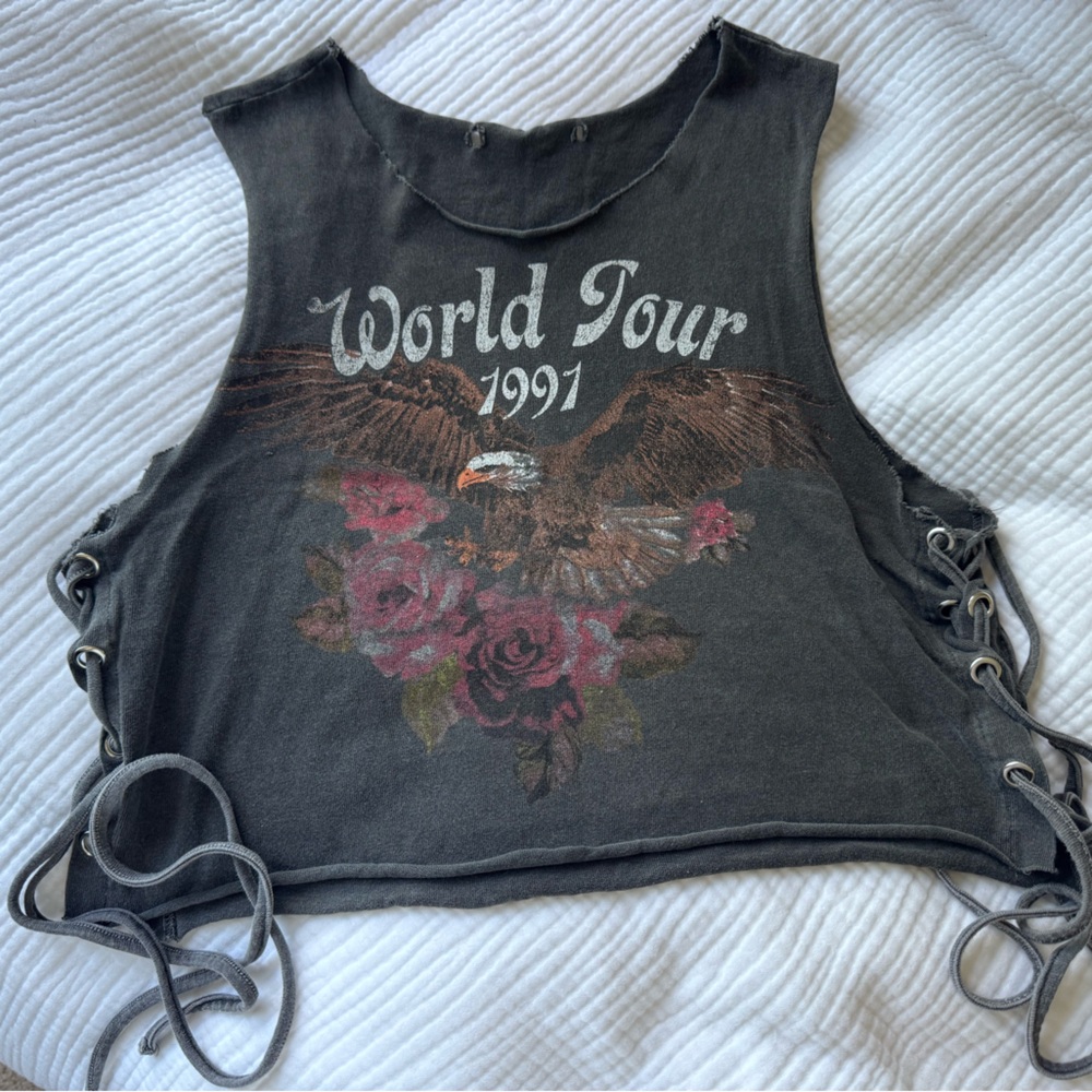 Vintage Gray Graphic Lace-Up Women Top